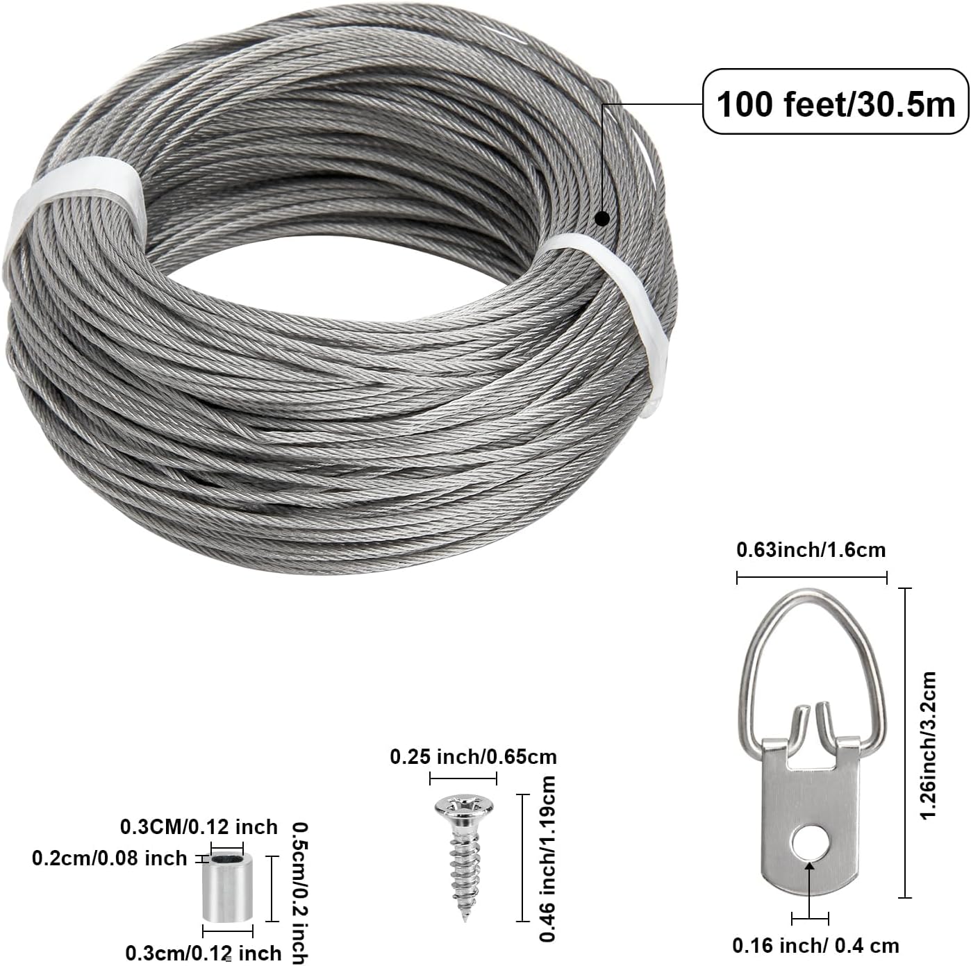 Blisstime Picture Hanging Kit - 100 Feet Braided Hanging Wire, 60 Pcs D Ring Picture Hangers with Screws and 60 Pcs Aluminum Crimping Loop Sleeve for Canvas Paintings, Photo Frames