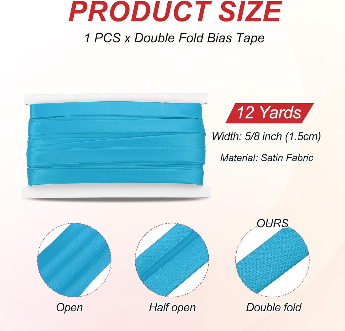 MECCANIXITY Double Fold Bias Tape for Sewing 5/8 Inch x 12 Yards Satin Pre-fold Continuous Binding Tape for Seaming Quilting Hemming Binding DIY Crafts, Blue