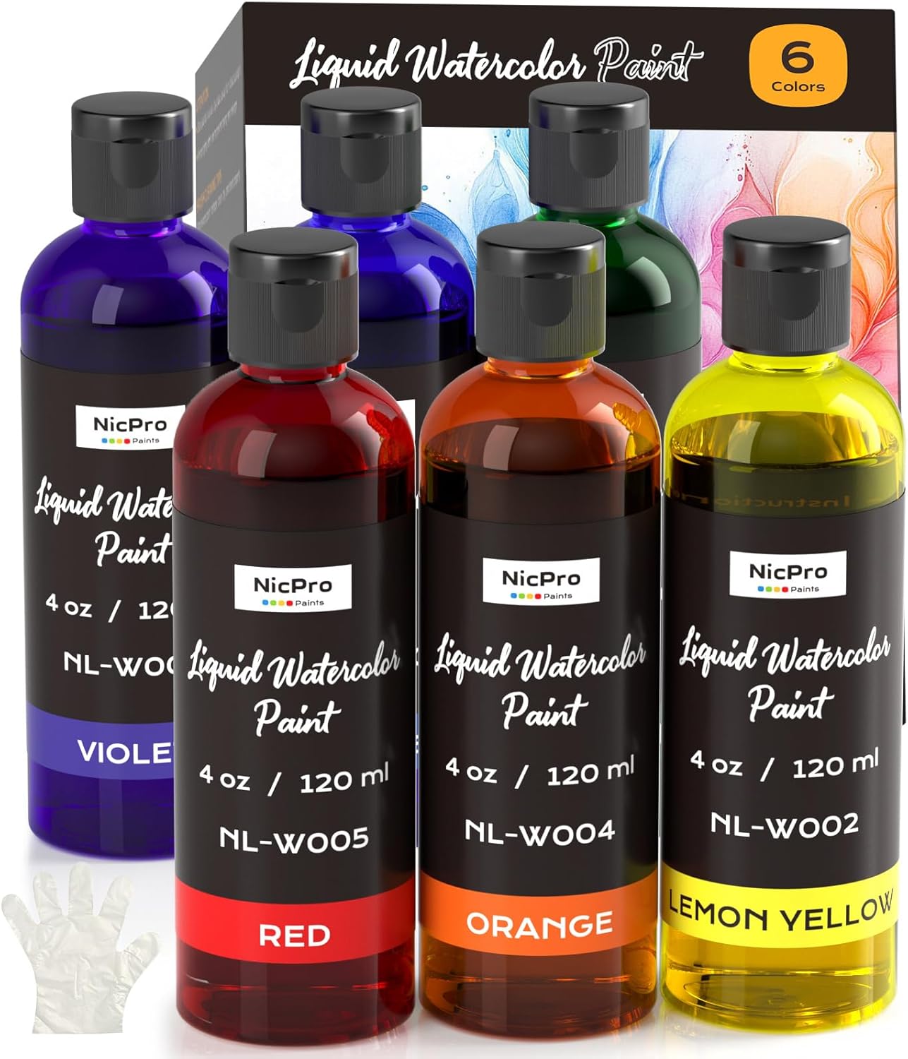 Nicpro 6 Colors Liquid Watercolor Paint Set, 4oz Liquid Watercolor Paint, Vibrant Colors & Non-Toxic Water Colors Painting Supplies for Art Activity, Craft DIY, Poster, School, Home, Classroom, Party