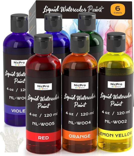 Nicpro 6 Colors Liquid Watercolor Paint Set, 4oz Liquid Watercolor Paint, Vibrant Colors & Non-Toxic Water Colors Painting Supplies for Art Activity, Craft DIY, Poster, School, Home, Classroom, Party