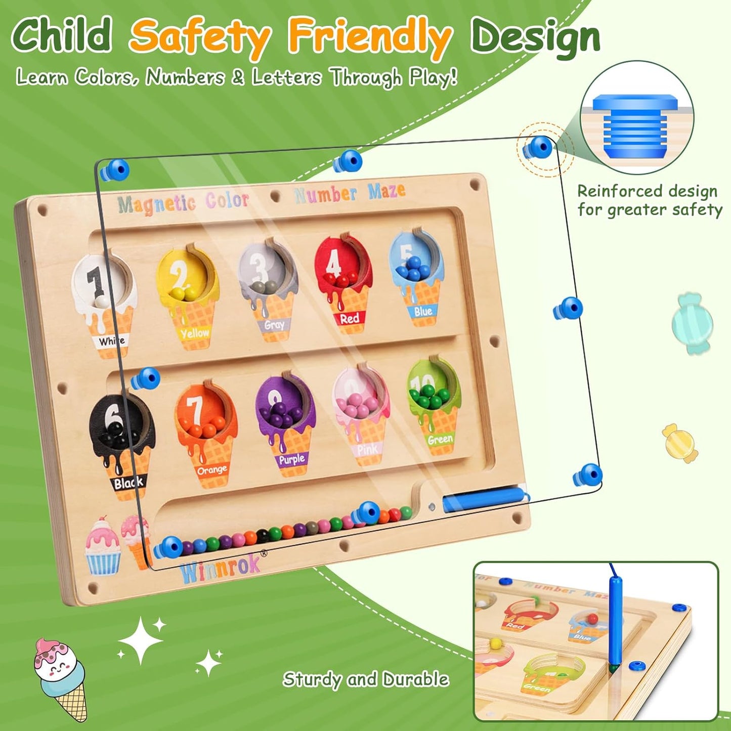 2 in 1 Double Side Magnetic Color and Number Maze, Montessori Magnetic Alphabet Maze Board Toys 3-5 Years Old, Wood Magnet Puzzle Learning Counting Matching Toys for 3 4 5 Todders Kids Girls Boys