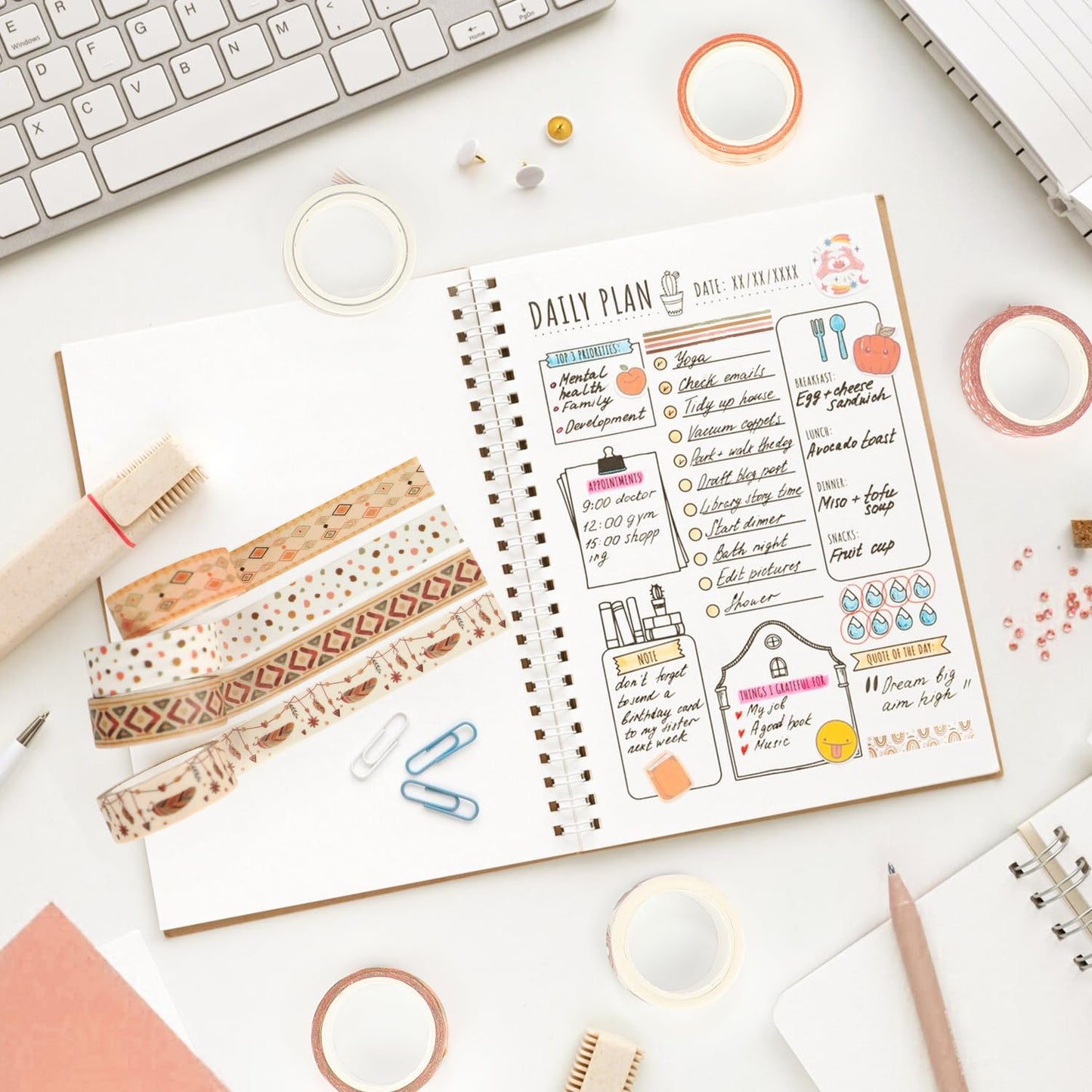 12 Rolls Washi Tape Set, Retro Boho Vintage Colored Rainbow Sun Stars Masking Tapes, Doodle Hand-Drawn Decorative Adhesive Tapes for Planners, Scrapbook, Journal, DIY Art Crafts, Gift Wrapping 16.4Ft