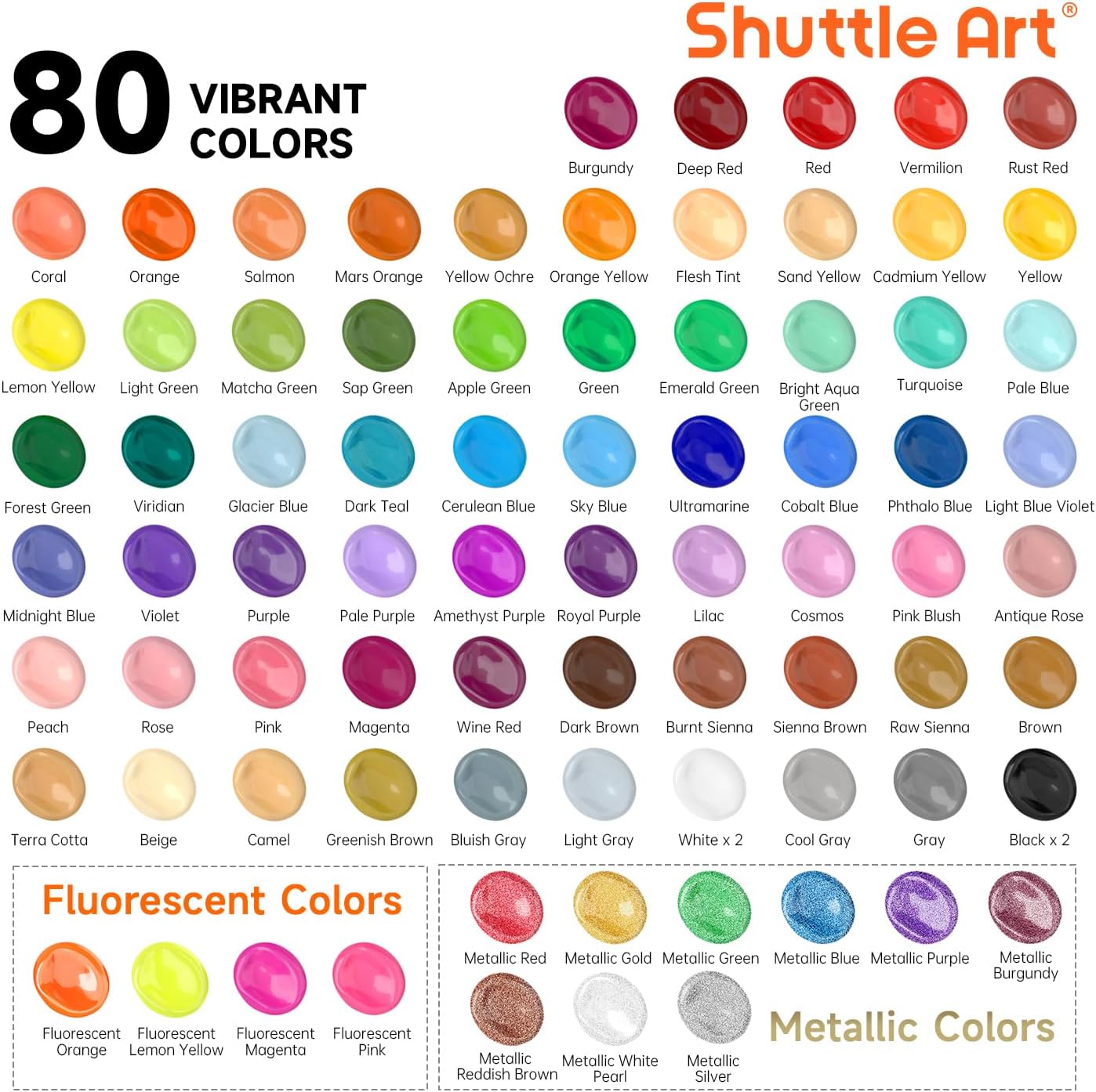 Shuttle Art 80 Colors Acrylic Paint, Acrylic Paint set with 12 Paint Brushes, 2oz/60ml Bottles, Rich Pigmented, Premium Paints for Artists, Beginners and Kids on Canvas Rocks Wood Ceramic