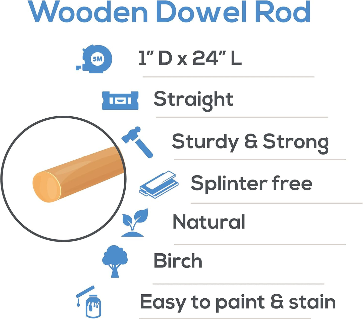 Wooden Dowel Rod, 1 Inch x 24 Inch Wood Dowels, Pack of 2 Wooden Dowels for Crafts, Unfinished Hardwood Dowels Rods, Strong Wood Rod Dowels for Crafting and DIYers