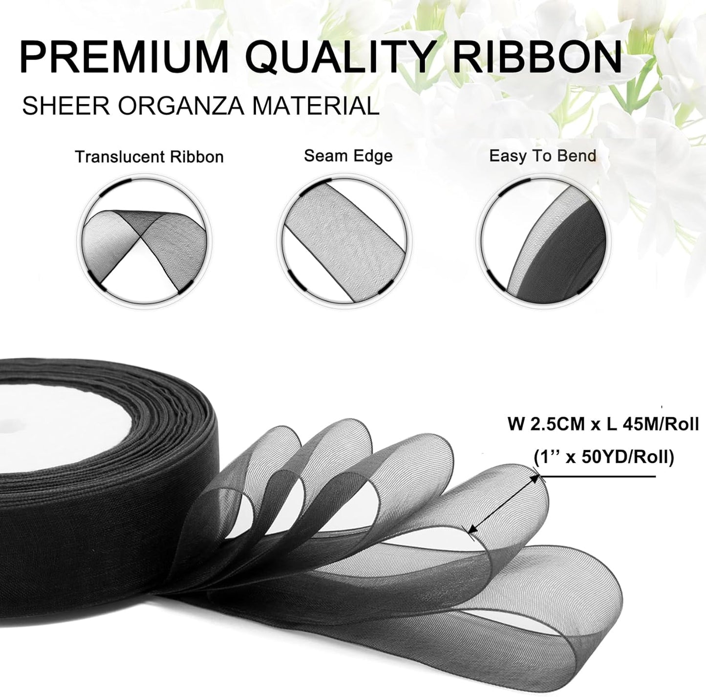 Black Ribbon for Gifts Wrapping, 1 inch 50Yard Sheer Organza Ribbon, Gift Wrap Chiffon Ribbons for Halloween, Fathers Day, Wedding, Party Decoration, Hair, Crafts, Flower Bouquet
