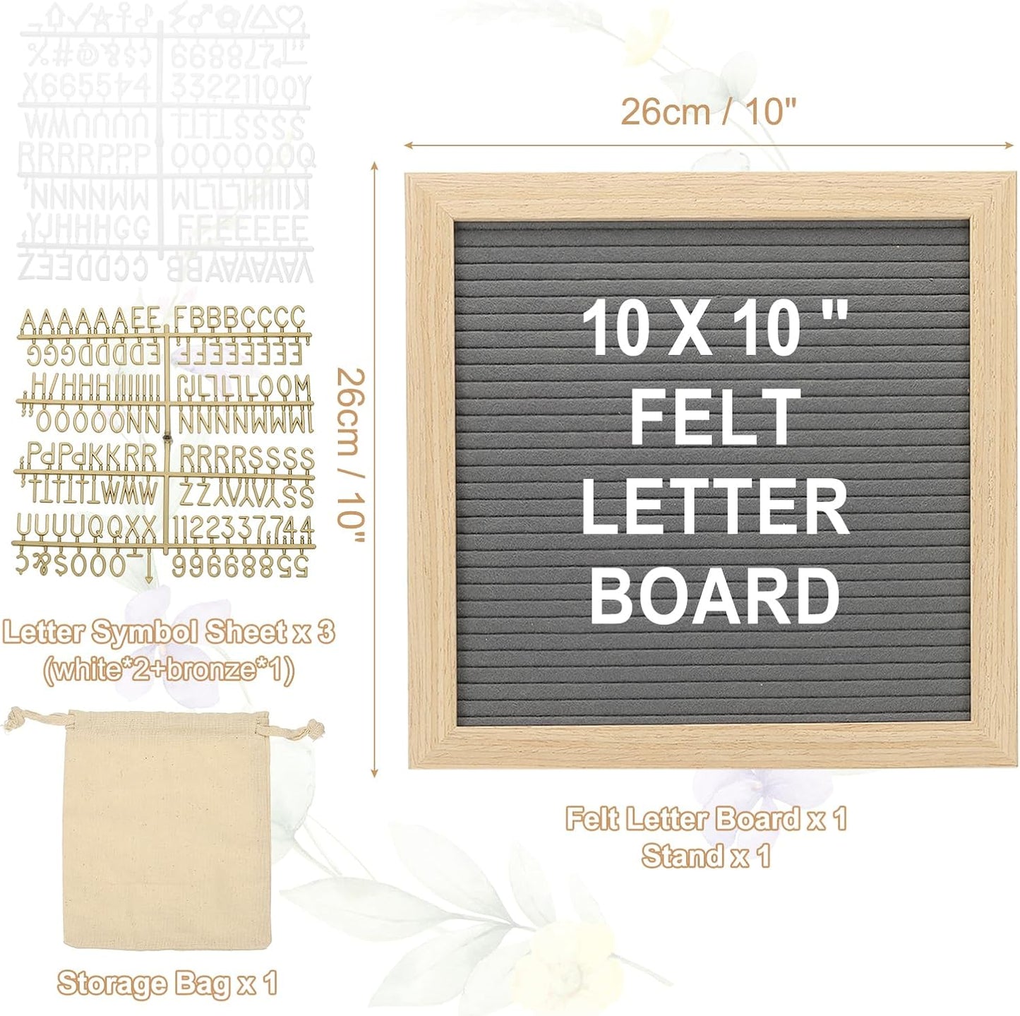PATIKIL Felt Letter Board, 10x10Inches Gray Wooden Changeable Message Board with Storage Bag Stand for Kitchen Menu Classroom Farmhouse Decor Notes, White Bronze Letter