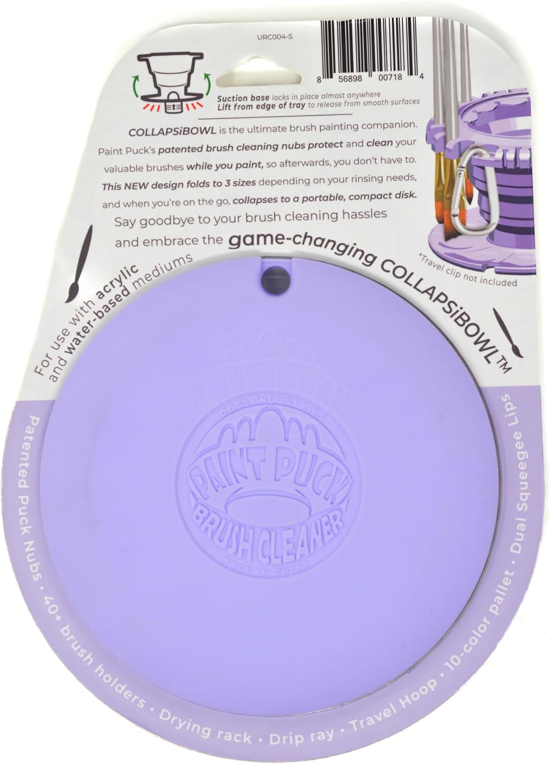 Paint Puck CollapsiBowl Paint Brush Cleaner Rinse Cup (Purple) - Collapsible Paint Water Cup & Brush Cleaner with Brush Holder, Squeegee Lips & Drip Tray for Acrylic, Watercolor & Art Supplies