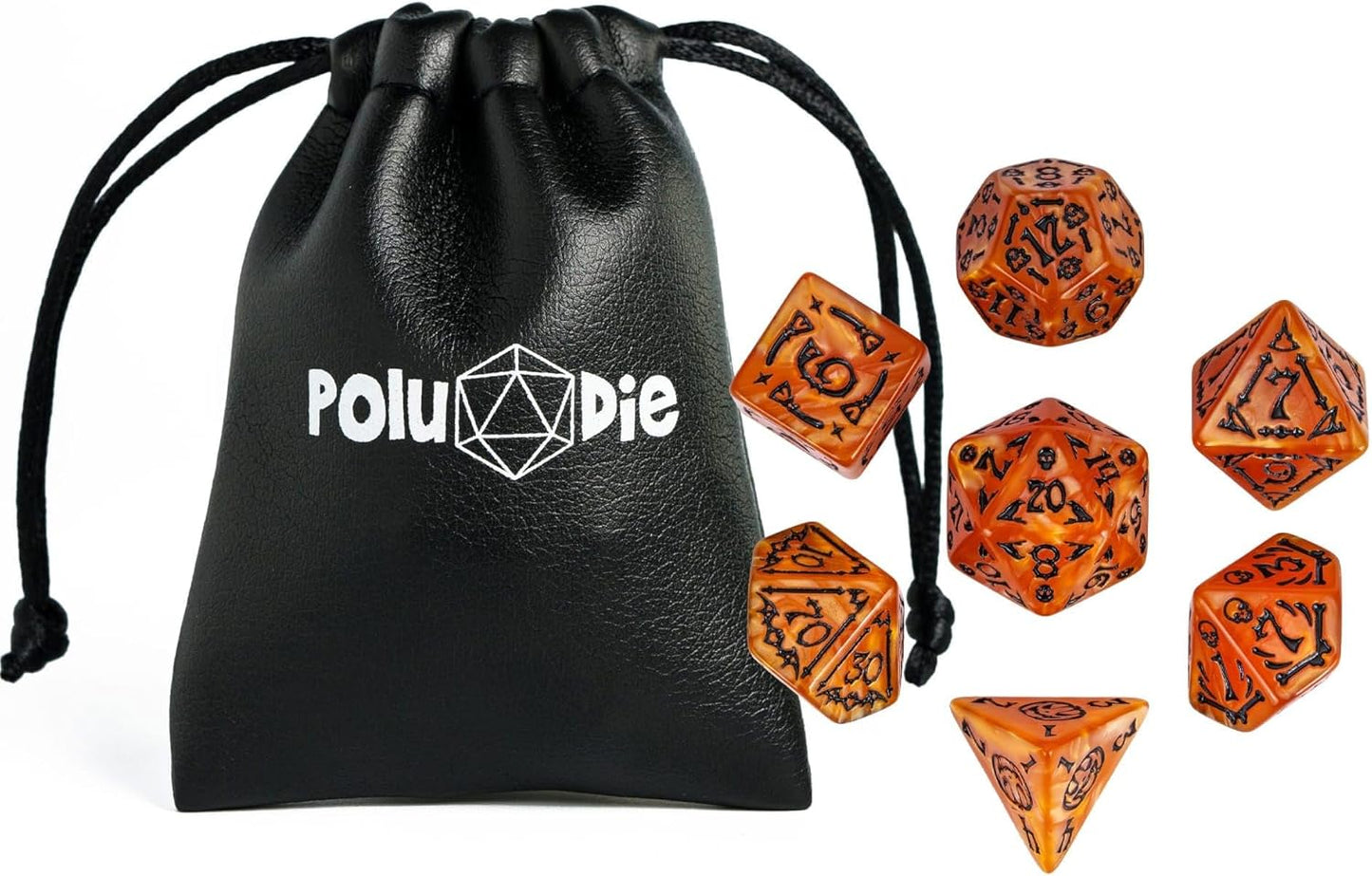 7-Die DND Dice Set Halloween Pattern Polyhedral Die Set with Leather Bag, Skull Dice D&D Die for RPG Table Games (Halloween Pattern-Orange/Black Number)