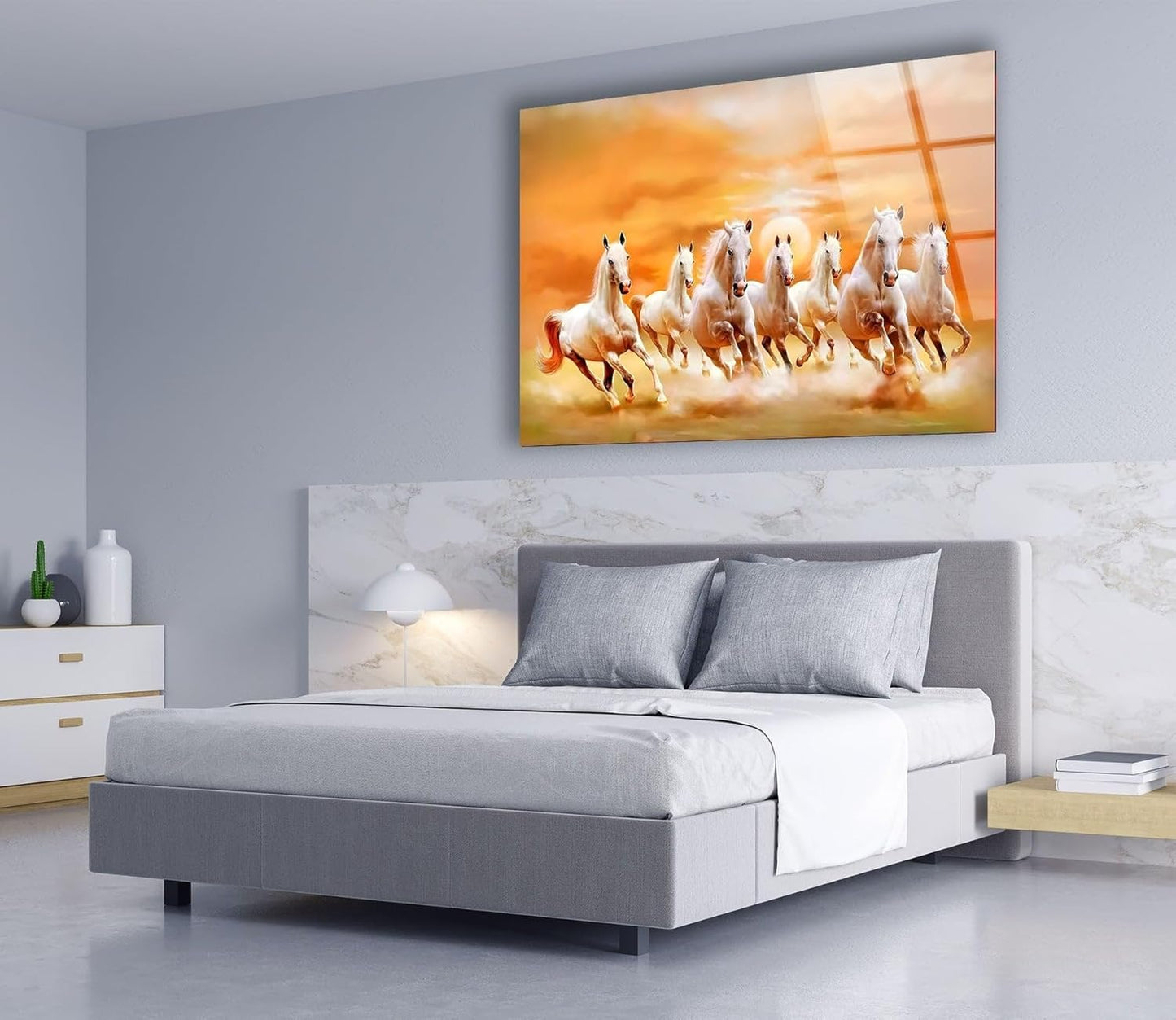 My Photostation.com 43Wx27H'' White Horses Running on Sunset Glass Wall ArtTempered Glass Printing Wall Decor Large Wall Art Wall Hangings
