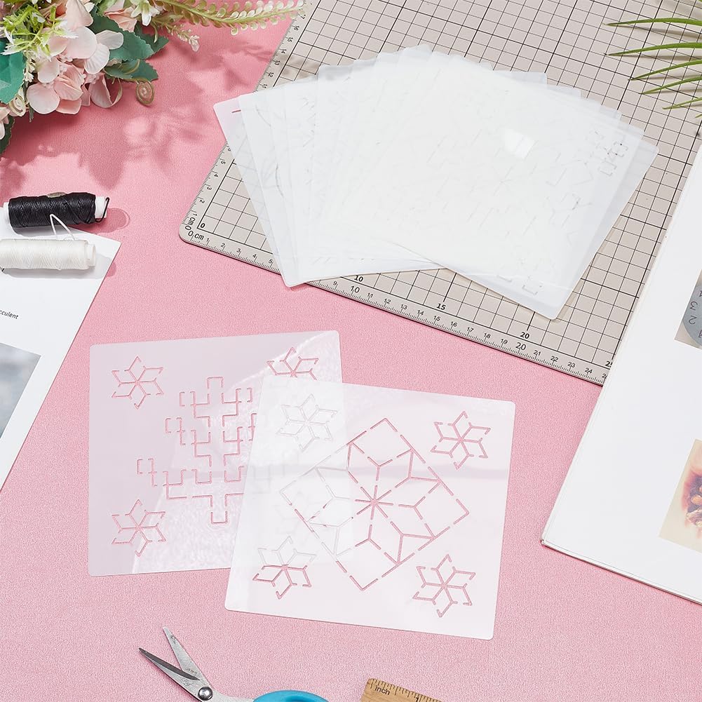 FREEBLOSS Sashiko PET Stencils - Geometric Hand Embroidery Patterns for Drawing and Quilting - 14x14cm Template