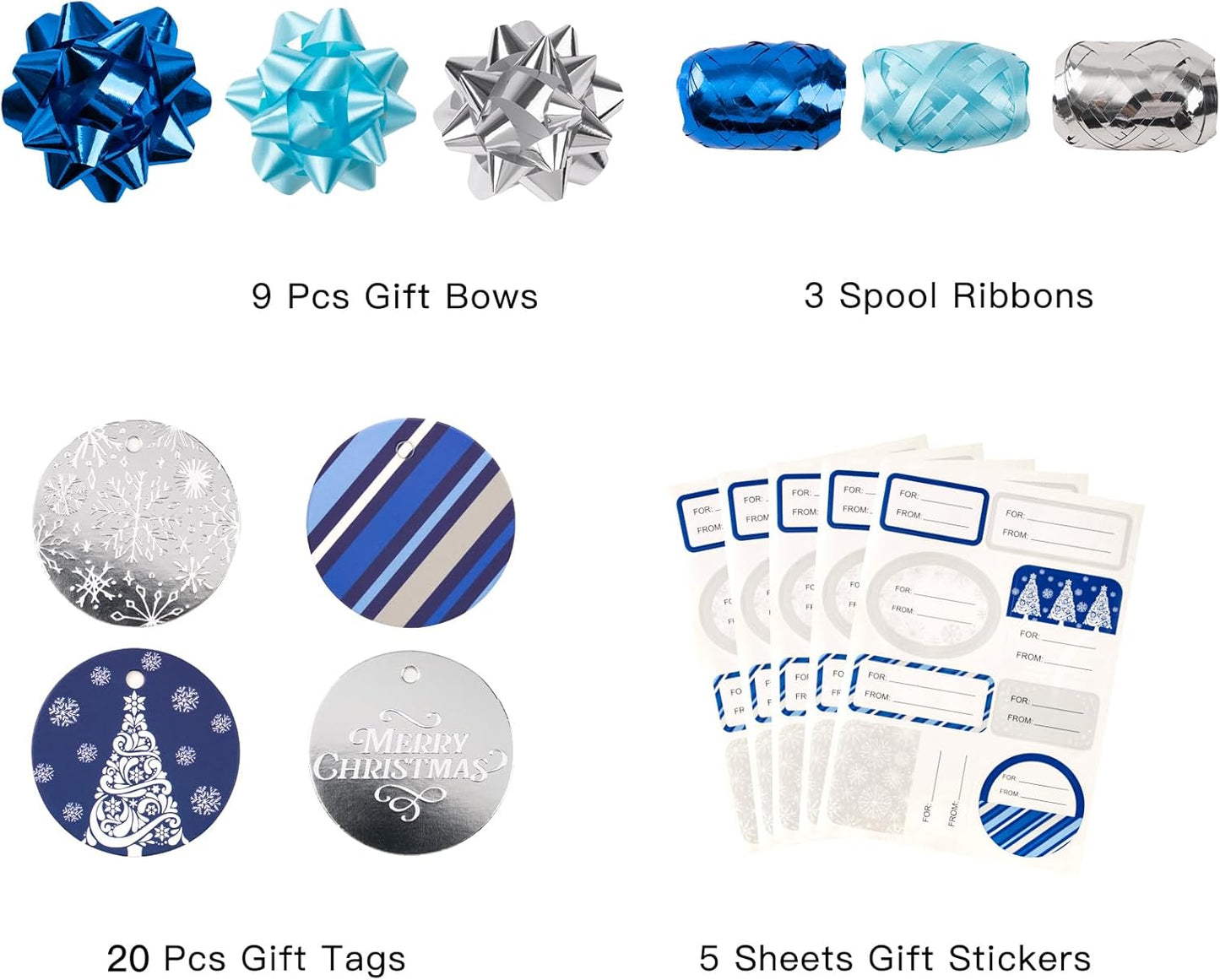 WRAPAHOLIC Blue Christmas Wrapping Paper Set - Blue and Silver Metallic Foil Shine Christmas Wrapping Paper Bundle with Gift Bow & Ribbon & Tag & Sticker