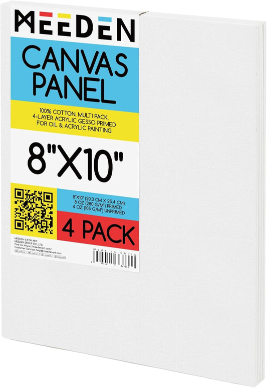 MEEDEN 4-Pack 100% Cotton Canvas Boards for Painting - 8x10'' Blank Canvas Panels for Oil & Acrylic Painting, Ready to Paint Art Supplies for Professional Artists, Students