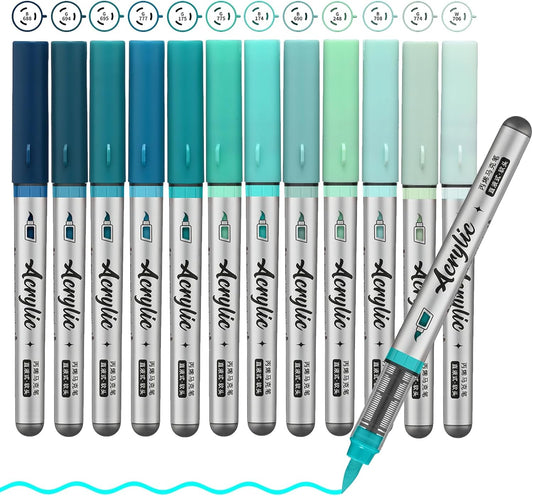 Mint Green Acrylic Paint Pens,12 Color Paint Pens Markers,Brush Tip Paint Pens for Rock Painting Wood Glass Ceramic Canvas Stone DIY Crafts Making Art Supplies
