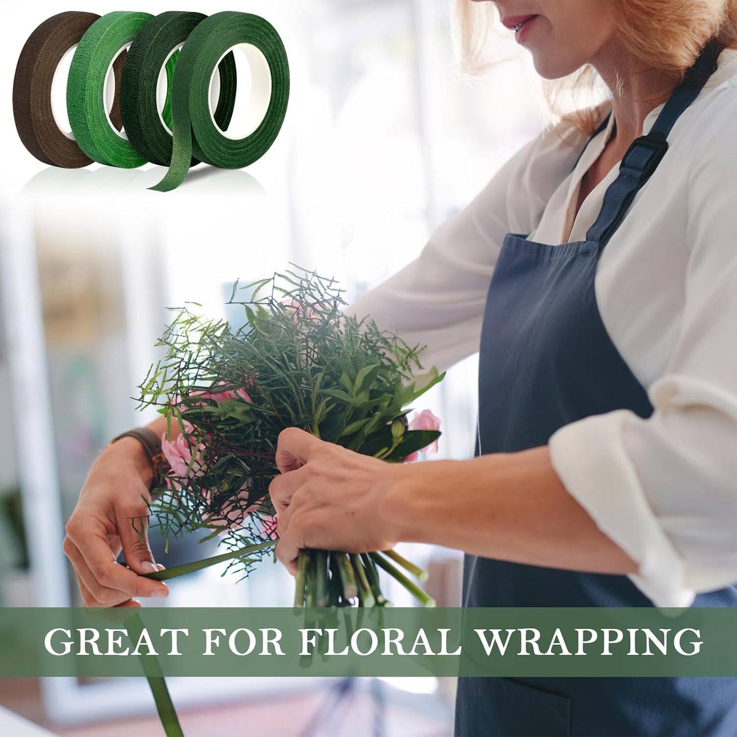 8 Rolls Floral Tape, 1/2" Wide Flower Tape, Mix Green Floral Tape for Fresh Flowers, Adhesive Florist Tape for Floral Crafts, Bouquet Floral Arranging Stem Wrapping, Wedding Bouquet, 30Yard