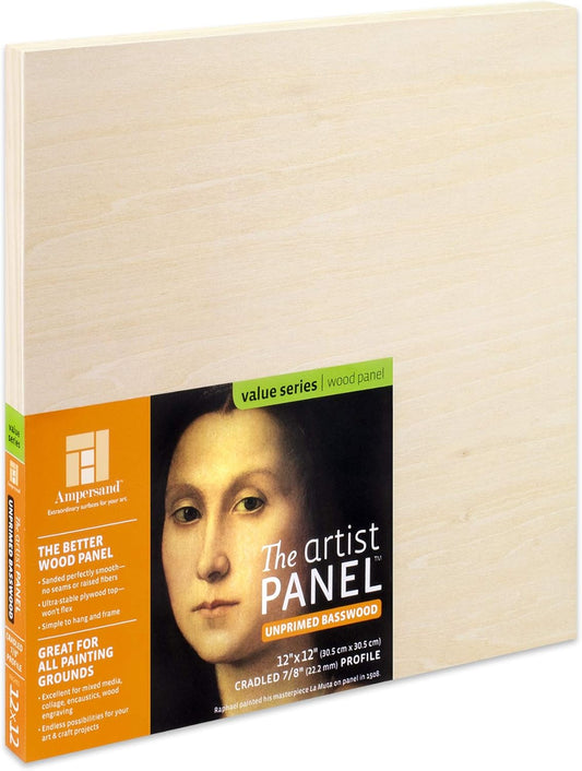 Ampersand Art Supply Unprimed Basswood Artist Panel, 7/8" Cradled Profile, 12"x12"