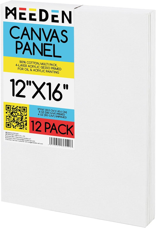 MEEDEN 12-Pack 100% Cotton Canvas Boards for Painting - 12x16'' Blank Canvas Panels for Oil & Acrylic Painting, Ready to Paint Art Supplies for Professional Artists, Students