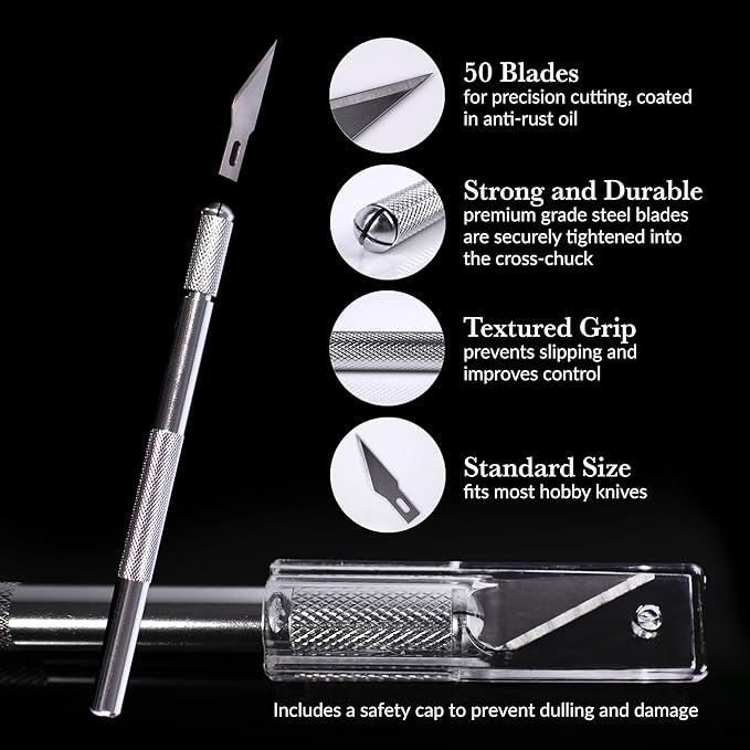 WA Portman Hobby Knife Set – 2pc Precision Craft Knife Set with 50 SK5#11 Steel Hobby Blades – Art Cutter Tool for Paper, Vinyl, Leather, Plastic, Fabric, Wood – Essential DIY and Craft Supplies