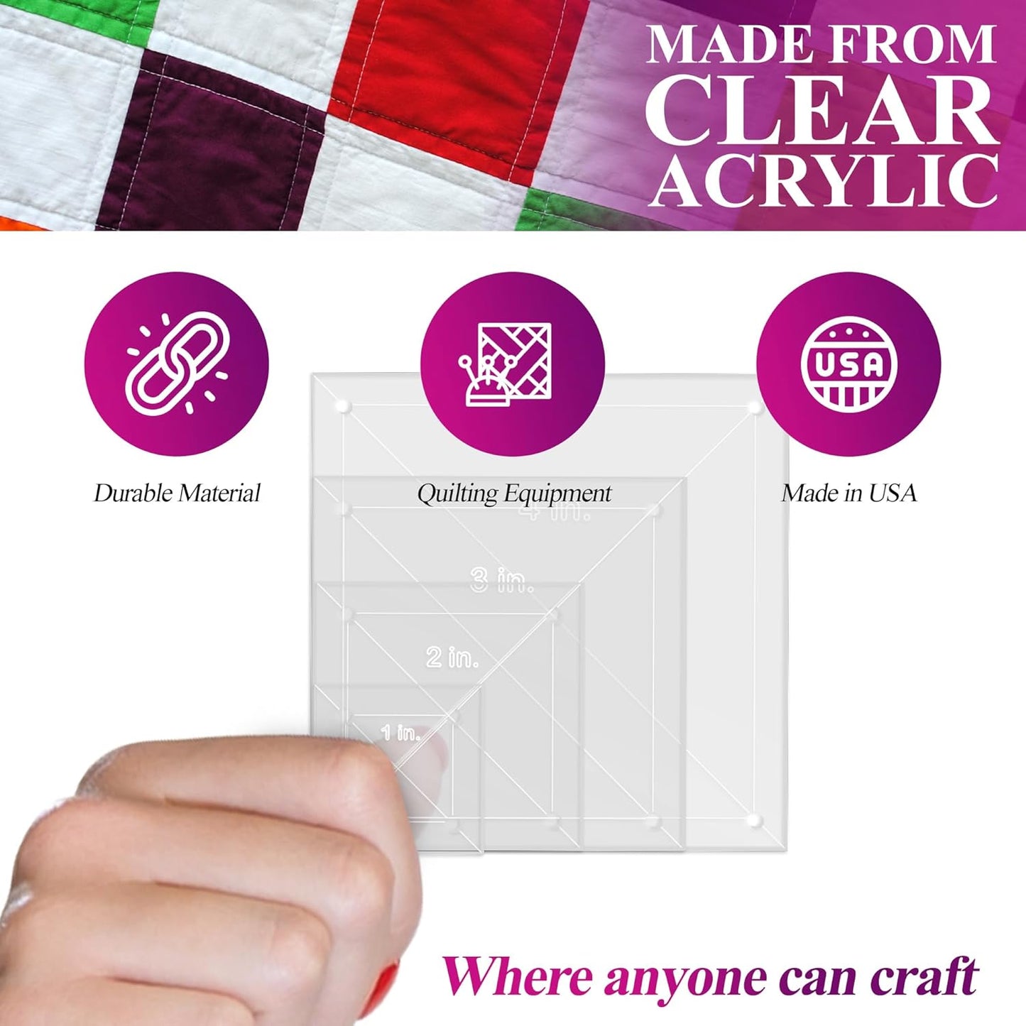 Quilting Acrylic Template Set | Precision Tools for Quilting Enthusiasts | Square Design | Includes Sizes 4", 3", 2", 1" | 1/8 Clear Acrylic | 1/4" Seam Allowance for Accuracy