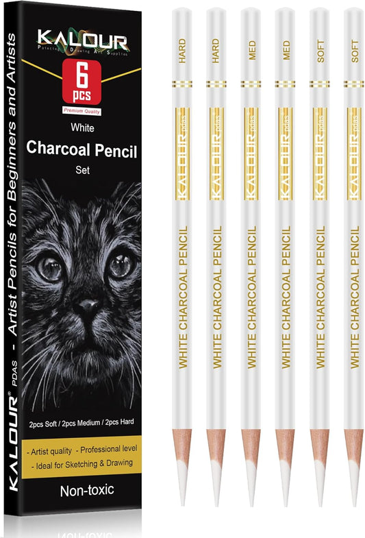 KALOUR White Charcoal Pencils Drawing Set, Professional 6 Pieces White Sketch Pencils for Drawing, Sketching, Shading, Blending, Chalk for Beginners & Artists