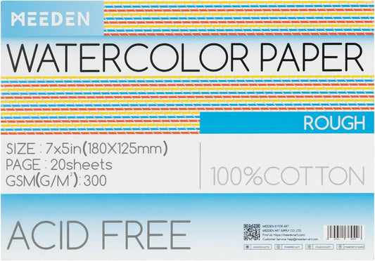 MEEDEN Watercolor Paper Block, 100% Cotton Watercolor Paper Pad of 20 Sheets, 140lb/300gsm, Acid-Free Art Paper for Watercolor, Gouache, Ink and More, 5" x 7" Rough Grain