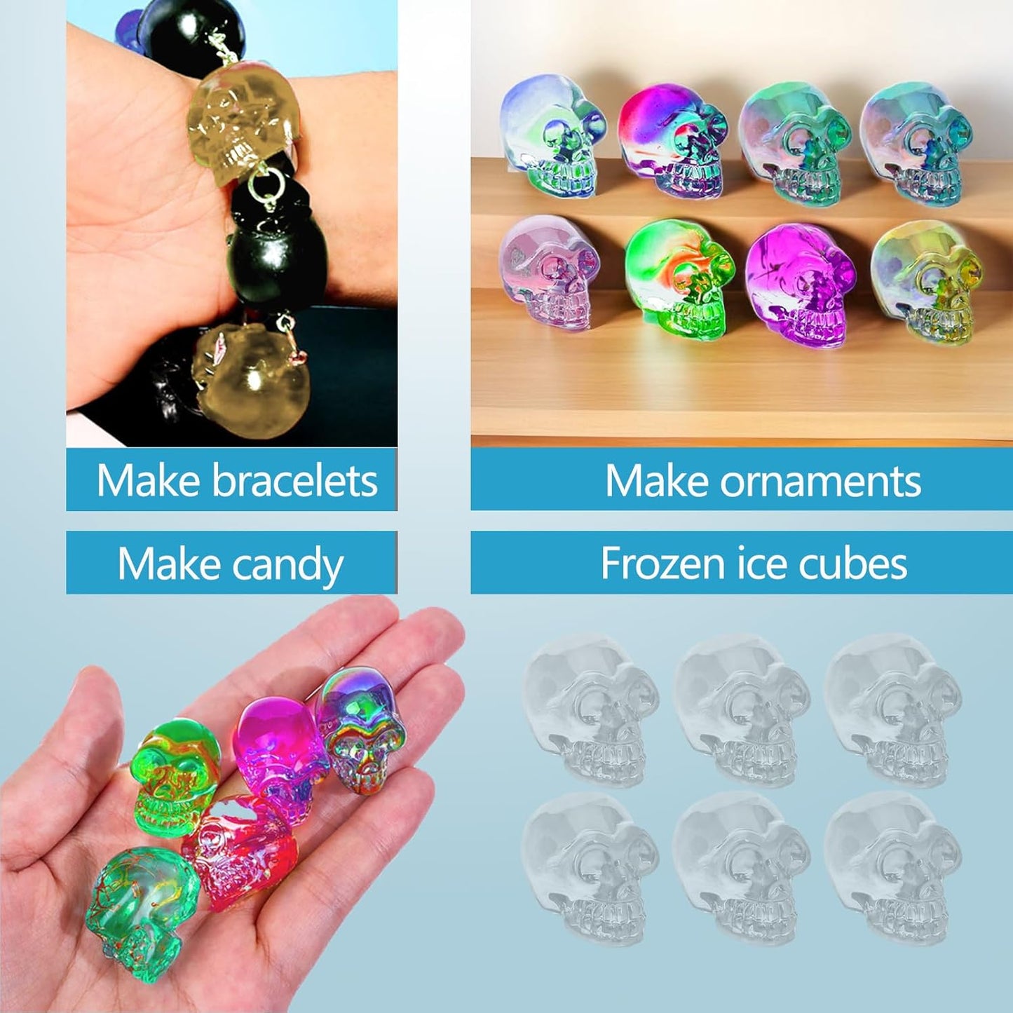 Skull Resin Molds Silicone Molds for Epoxy Resin Casting 8PCS Mini 3D Skull Candle Mold Halloween Key Ring Accessory