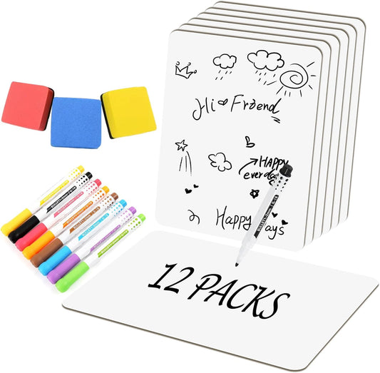 Set of 12 Small White Board Dry Erase Boards Classroom Pack 9" x12” Double Sided Personal Whiteboards for Students Teachers School Supplies Lapboards Mini Whiteboard Erasers Incl and Colors Pens