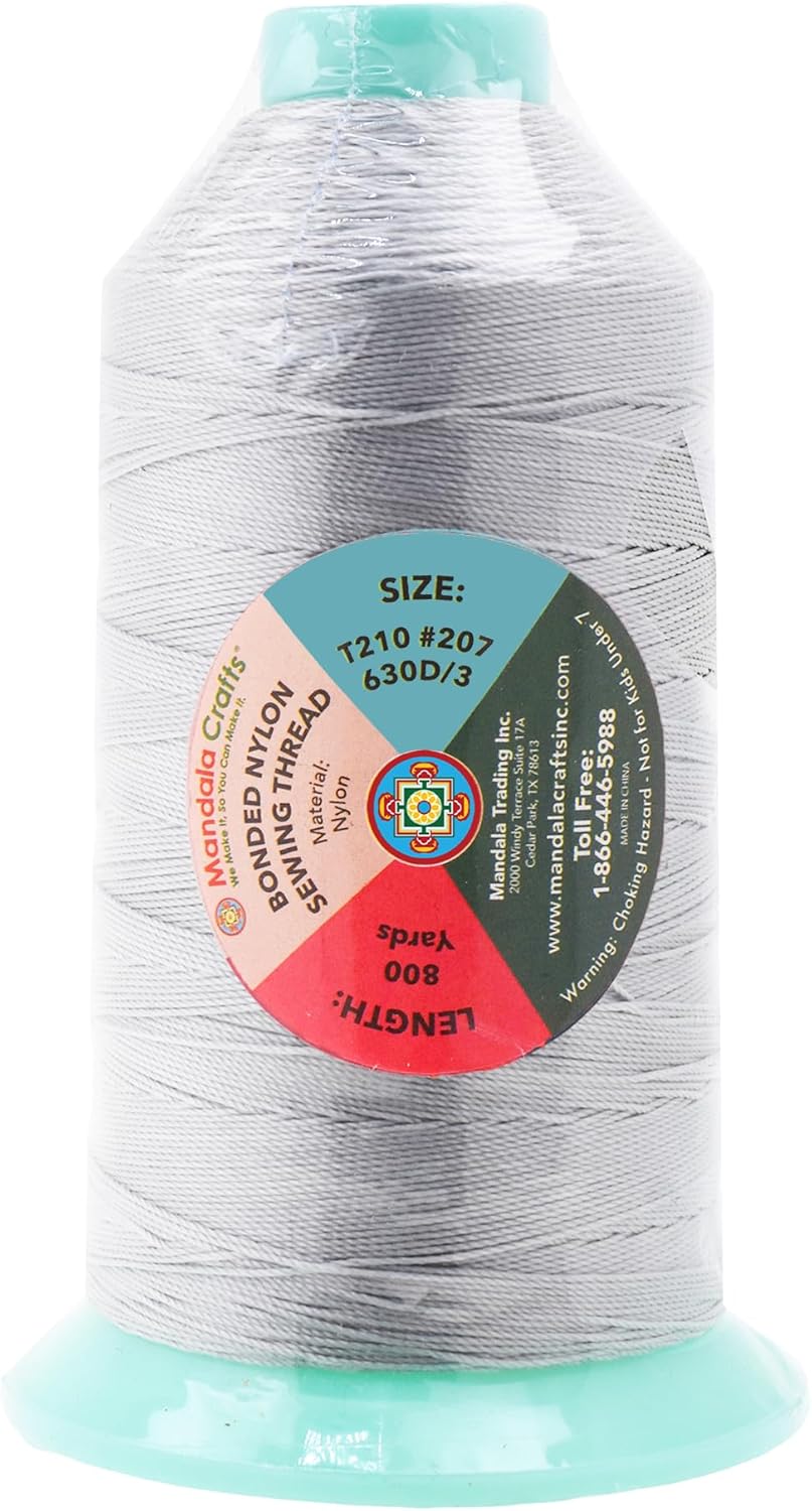 Mandala Crafts Bonded Nylon Thread Silver Heavy Duty Sewing Threads - 800 YDs Size 207 630D T210 Tex 210 Thread for Leather Jeans Weaving Outdoor Marine Upholstery Threads