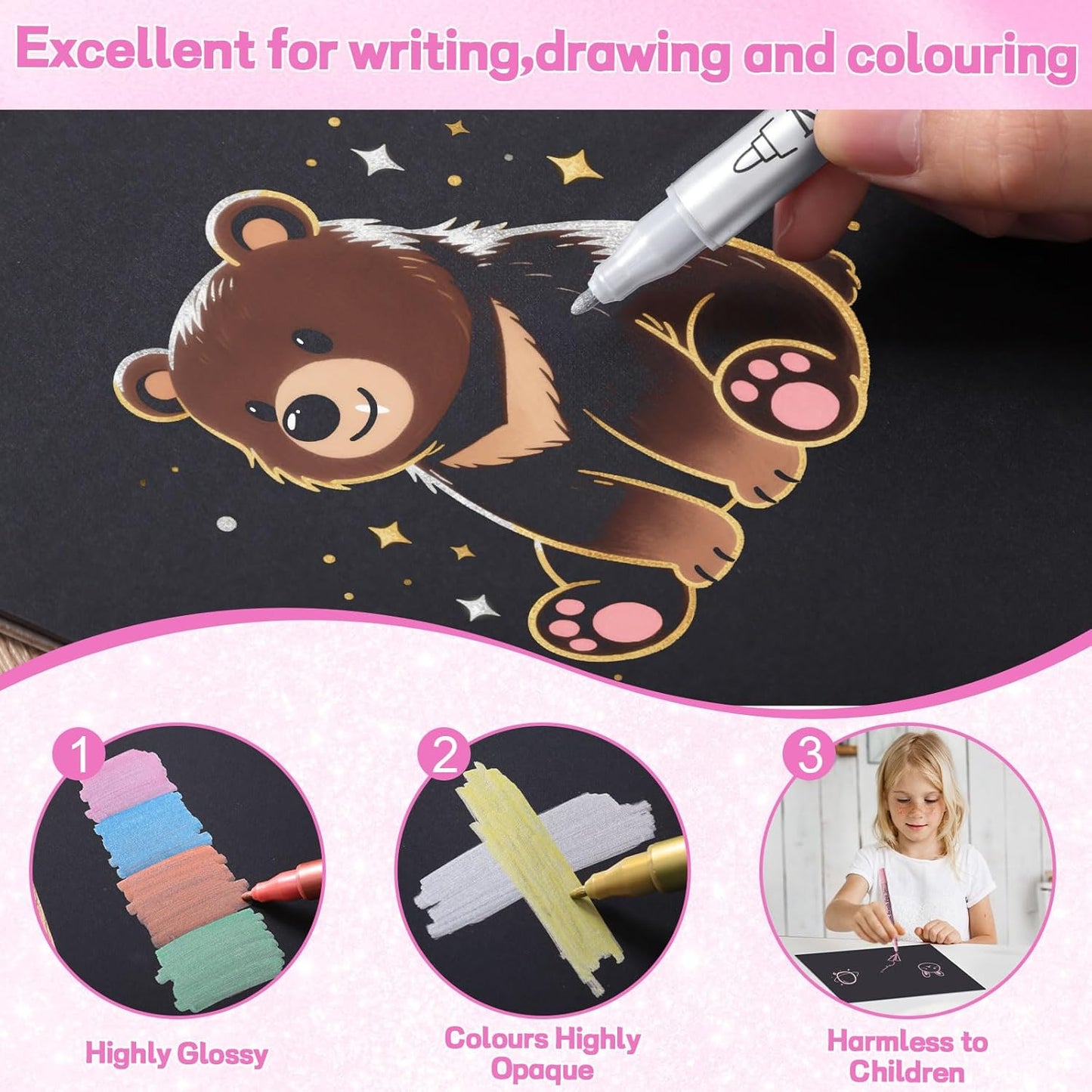 12 Pack Metallic Markers, Dual Tip Glitter Pens for Black Paper & Rock Painting Metallic Acrylic Paint Markers for DIY Crafts, Scrapbooking, Glass, Wood, Cards Alcohol Based Quick Dry Ink