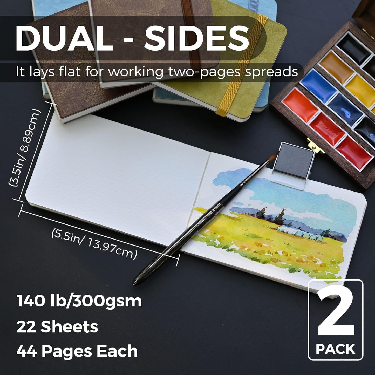 Funto Watercolor Journal 2-Pack, 3.5x5.5, 44 Pages Each, 100% Cotton Cold Press, Pearlescent PU Leather Brown Hard Cover, Art Supplies for Mixed Media