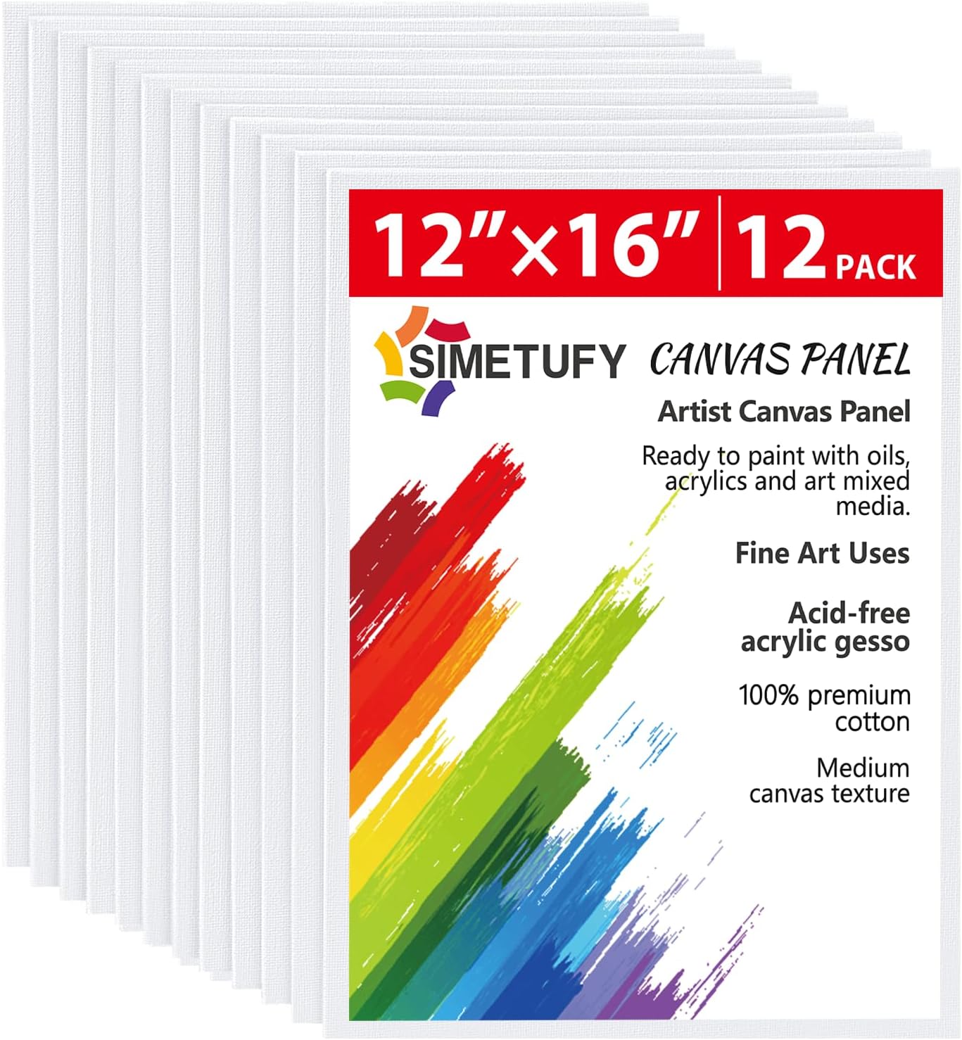 Simetufy 12 Pack 12x16 Inch Large Canvas Boards for Painting Flat Canvas Panels, Gesso Primed Acid-Free 100% Cotton for Acrylic Oil Watercolor Tempera Paint