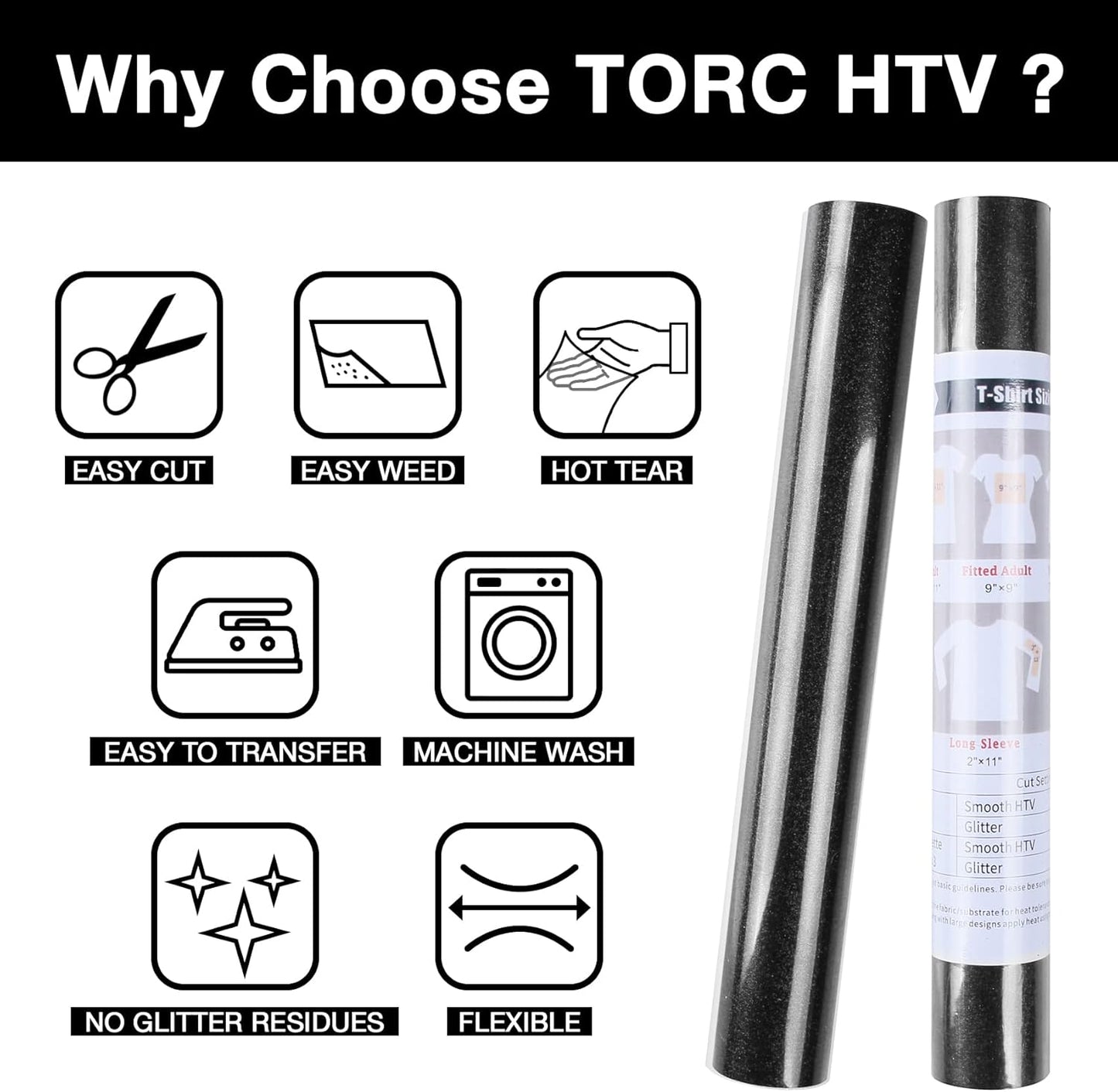 TORC Black Glitter HTV Heat Transfer Vinyl Roll 12 inch x 5 ft Iron on Vinyl for T Shirts Crafts