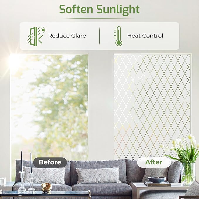 LUTE Frosted Window Privacy Film, Static Cling UV Sun Blocking Heat Control Window Cover, Removable Non-Adhesive Glass Sticker Vinyl Decorative Frosting Decals for Home Office, Lattice, 17.5" x 118.1"