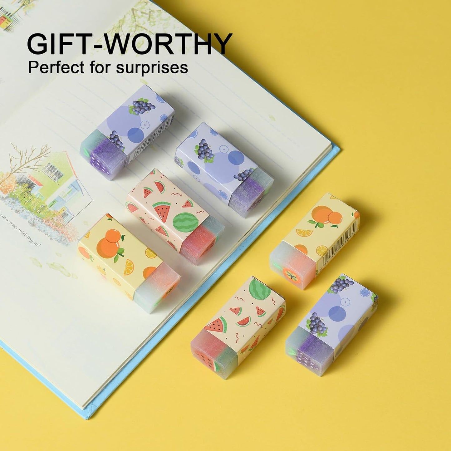 HILAZA 18Pcs Cute Fruit Erasers for Kids Bulk, Kawaii Fun Pencil Jelly Erasers for School Classroom Supplies Prize Gifts Party Favors