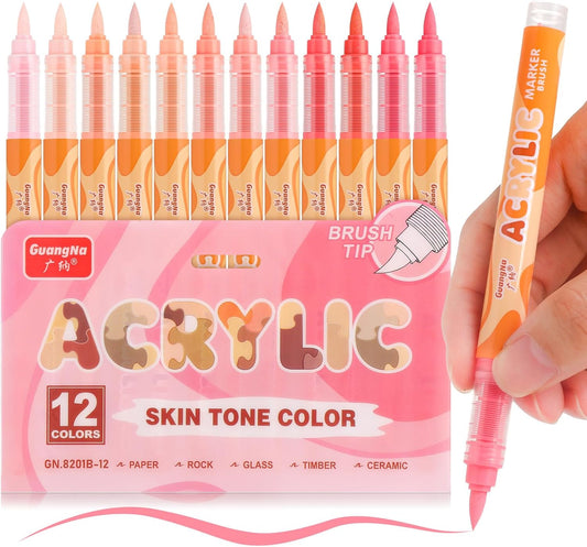 Guangna Acrylic Paint Markers 12 Colors, Skin Tone Series Set with Soft Brush Tip Water Based, Fine Tip Markers for Wood, Canvas, Rock Painting, Glass, Diy Crafts, Fabric Paint