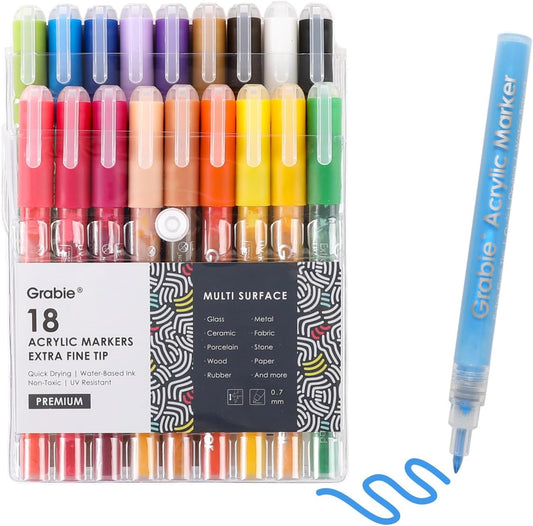 Grabie Acrylic Paint Pens Markers, 18 Colors, 0.7 mm, Extra Fine Tip Drawing Markers, Premium Paint Pens for Painting on Various Surface, Art Supplies