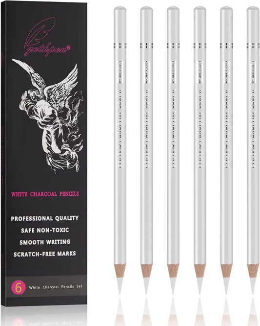 Professional White Charcoal Pencils Set - 6 Pieces Sketch Highlight White Pencils for Drawing, Sketching, Shading, Blending - Beginners & Artists