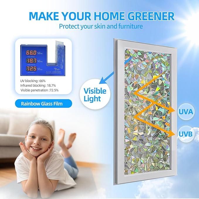 COUNTEWOLRainbow Window Privacy Film, Window Clings, 3D Decorative Vinyl, Stained Glass Decals, Static Cling Sticker Non-Adhesive (Rainbow, 35.4 x 78.7 Inch)