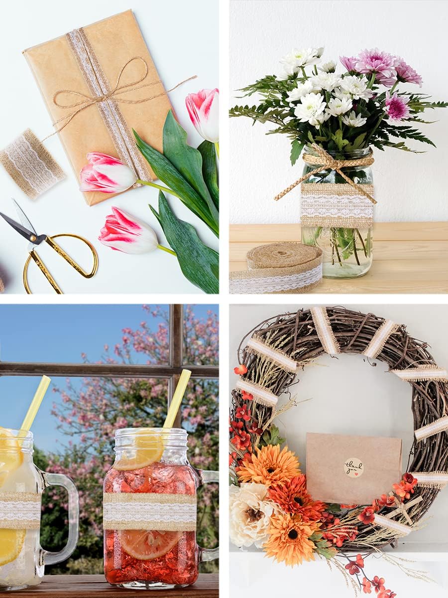 Mandala Crafts Burlap and Lace Ribbon 1.5 Inches Wide Jute Ribbons for Crafts - 20 Yds Roll Rustic Burlap Wrap Trim Ribbons for Wreaths Bows Wedding Party