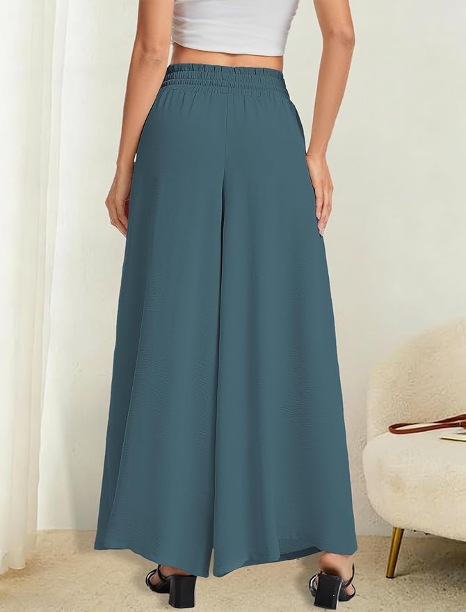 Women’s Wide Leg Pants Drawstring Elastic Waist Casual Trousers Lightweight Loose Lounge Pants with Pockets
