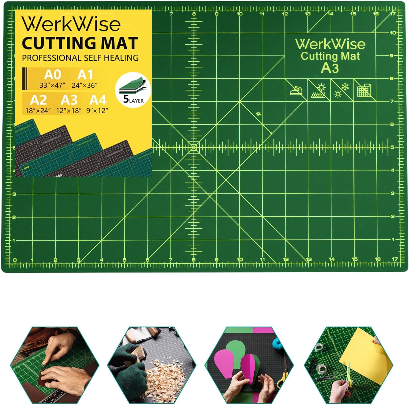 Thickness-Upgraded 12" x 18" Self Healing Sewing Mat, WerkWise Rotary Cutting Mat, Double Sided 5-Ply 12x18 Inch Cutting Board for Quilting, Fabric, & Crafts, Use with Rotary Cutters (Green & Black)