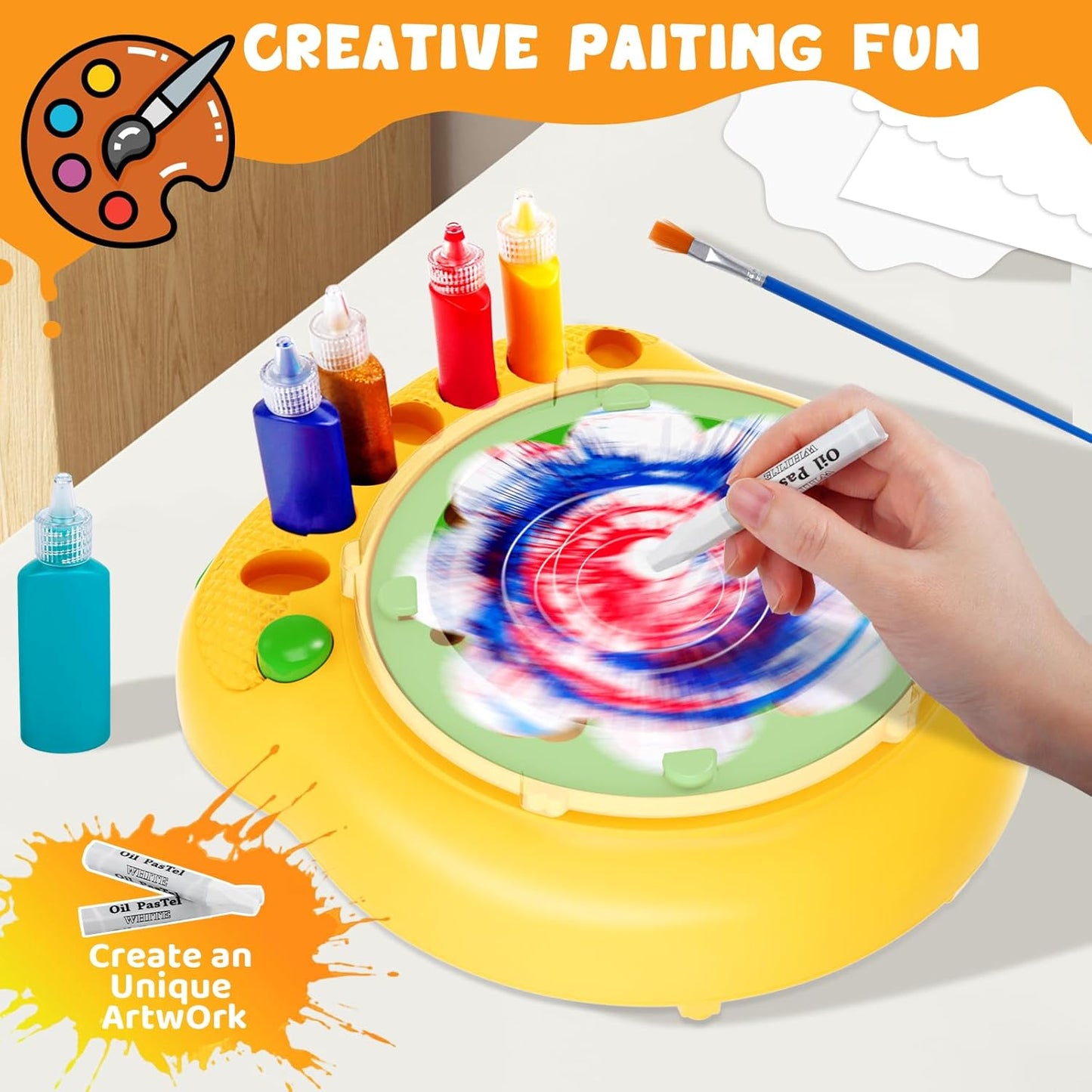 Hewaurorion Paint Spin Art Machine Kit for Kids, Arts & Crafts Painting Spinner Toys Kits Sets for Boys & Girls Ages 6 7 8 9 Year Old Yellow