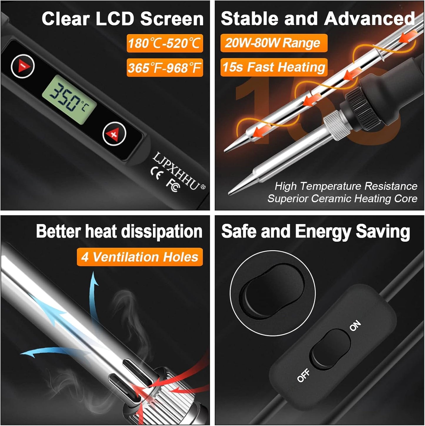 Soldering Iron Kit 80W LCD Adjustable Temperature 180-520℃ Solder Kit Electronics 13 in 1 Welding Tools with ON/OFF Switch, Solder Wire, Flux, 5 Soldering Tips, Desoldering Pump, Stand, Tweezers