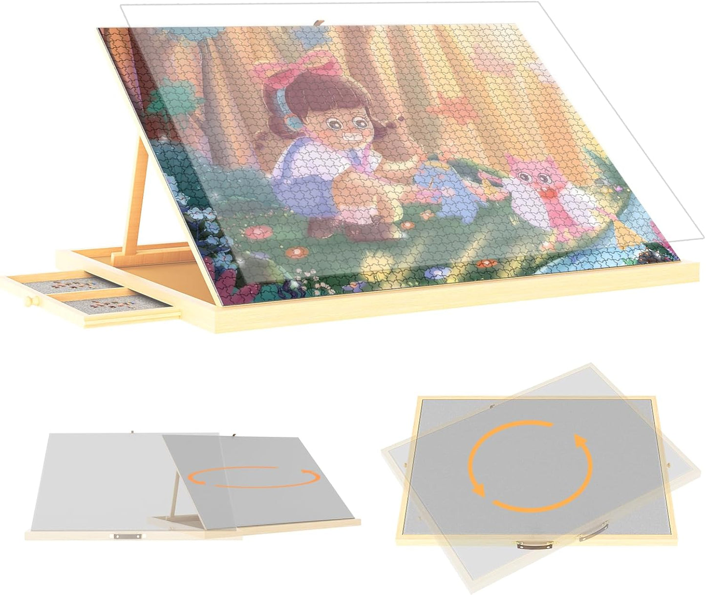 1500 Pieces 2-in-1 Tilting & Rotating Puzzle Board with 4-Angle Adjustment & Dual Rotation Mode, 34.05"x24.8" Portable Wooden Lazy Susan Jigsaw Puzzle Table with Drawers and Cover for Adults Gifts