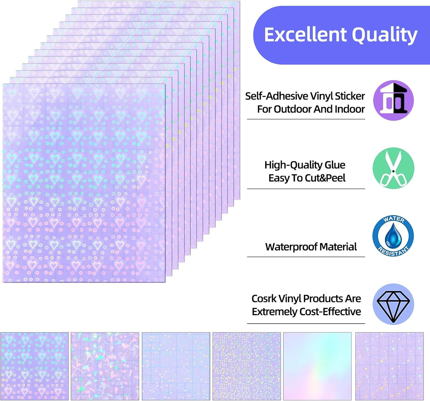 36 Sheets Holographic Sticker Paper, Clear Vinyl Lamination Sticker Film Self Adhesive, Transparent Overlay Laminate Sticker Paper Waterproof-Gem/Dots/Sand Star/Rainbow/Star/Heart, 8.5x11 Inch