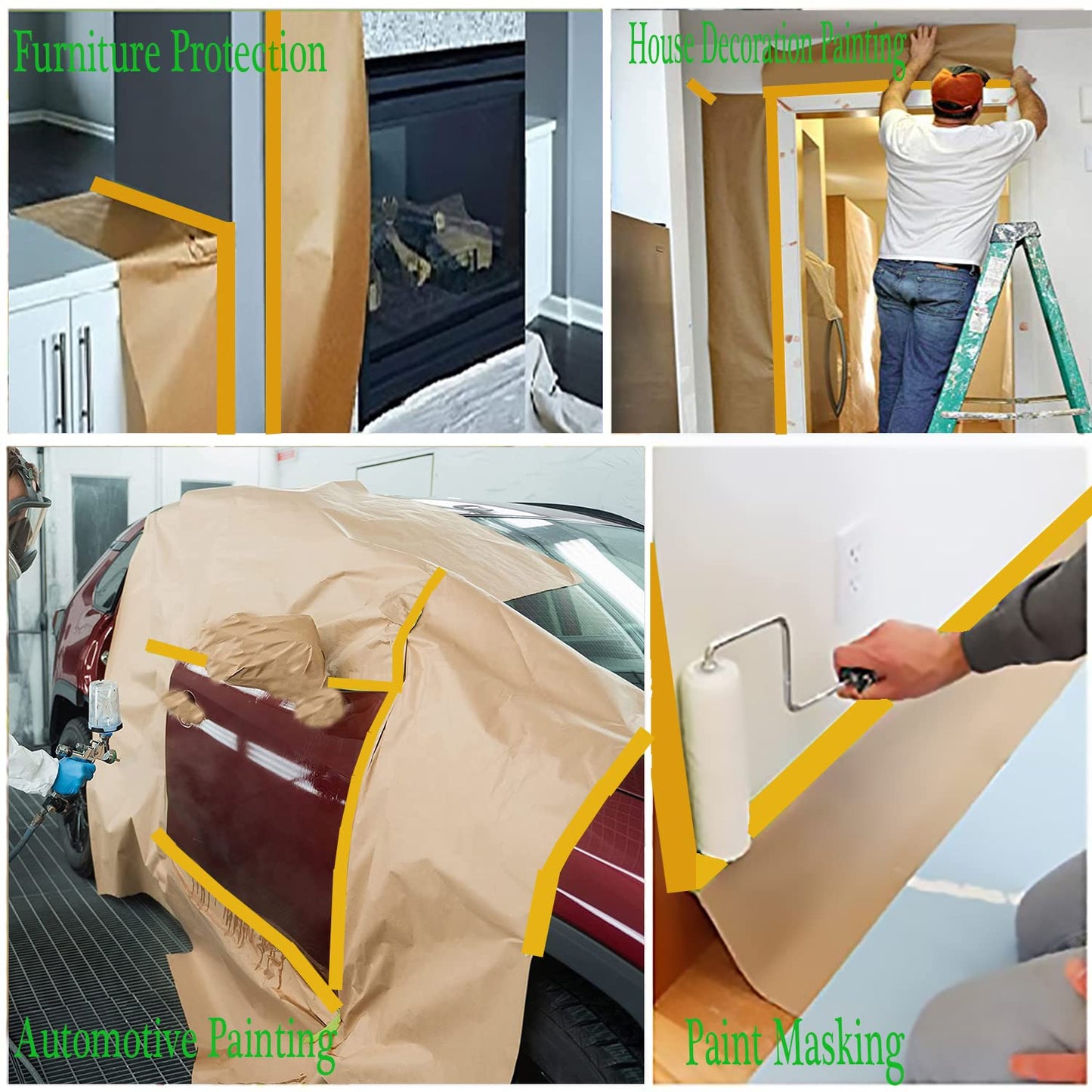 Pre-Taped Masking Paper for Painting, 20 Inch x 50 Feet Tape and Drape Painters Paper, Automotive Painters Paper, for Auto Body Masking, Wall Covering and Paint Masking (4Rolls)