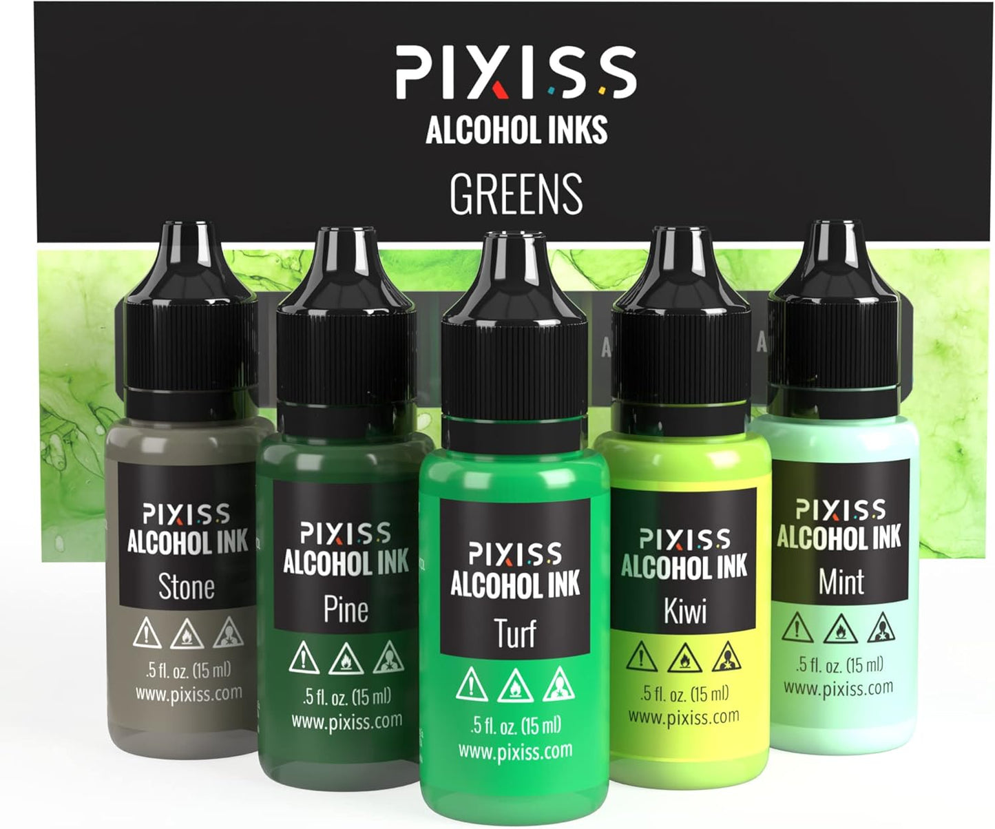 Pixiss Green Alcohol Ink Set - 5 Shades of Highly Saturated Alcohol Ink for Epoxy Resin Supplies, Yupo Paper, Tumblers, Coasters - Resin Colorant for Epoxy Resin and Resin Art Supplies