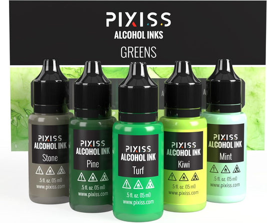 Pixiss Green Alcohol Ink Set - 5 Shades of Highly Saturated Alcohol Ink for Epoxy Resin Supplies, Yupo Paper, Tumblers, Coasters - Resin Colorant for Epoxy Resin and Resin Art Supplies
