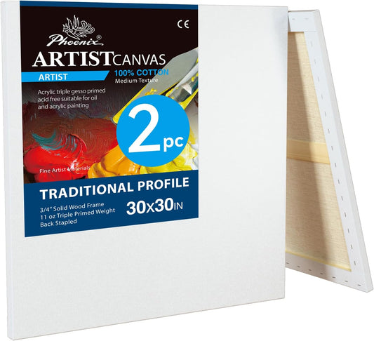 PHOENIX 30x30 Inch 2 Pack Artist Canvas - Extra Large Square Stretched Canvases for Painting - 3/4 Inch Profile, 100% Cotton 11 Oz. Gesso Primed White Blank Professional Canvas Oil & Acrylic Paints