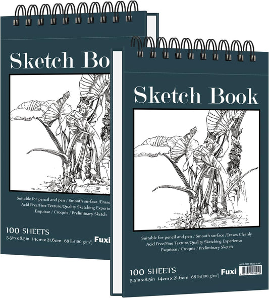 Small Sketchbook 5.5" x 8.5" - 2 Pack Top Spiral Mini Sketch Pad, Small Sketch Book Hard Cover, 100 Sheets Each 68lb/100gsm - Mini Drawing Paper for Kids, Portable Drawing Pad for Beginners & Artists.
