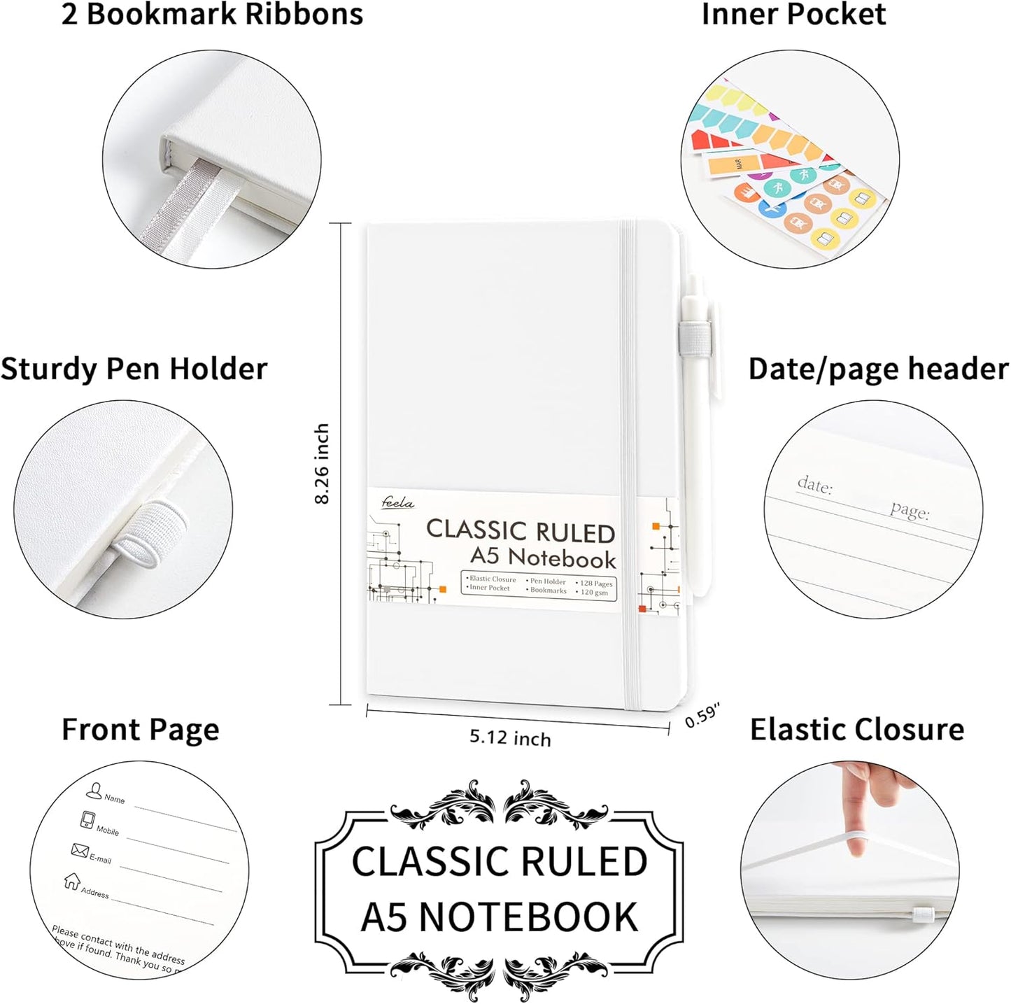 feela 5 Pack Notebooks Journals Bulk, Hardcover Notebook Classic Ruled Lined Journals with Pen Holder for Women Girls School Business Supplies, with 5 Black Pens, 120 GSM, 5.1”x8.3”, A5, White